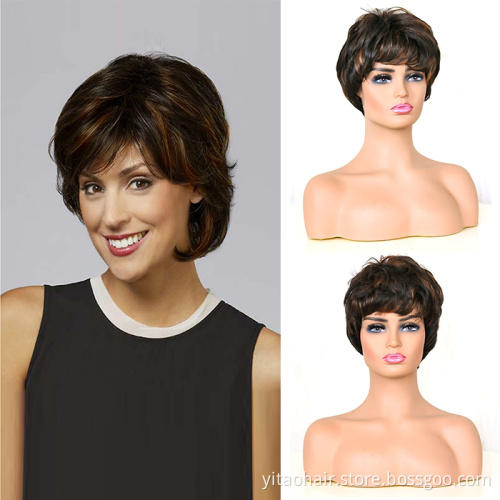 Whosale price short cut pixie wigs Ombre colored synthetic hair wigs with bangs for women